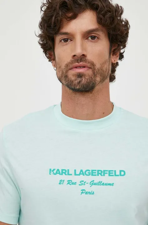 Karl Lagerfeld tricou barbati, culoarea turcoaz, cu imprimeu