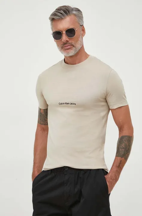 Calvin Klein Jeans t-shirt bawełniany kolor beżowy z aplikacją