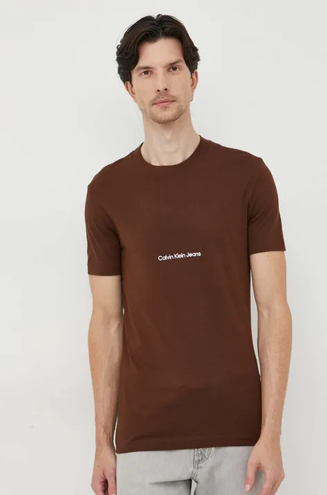 Calvin Klein Jeans tricou din bumbac culoarea maro, cu imprimeu