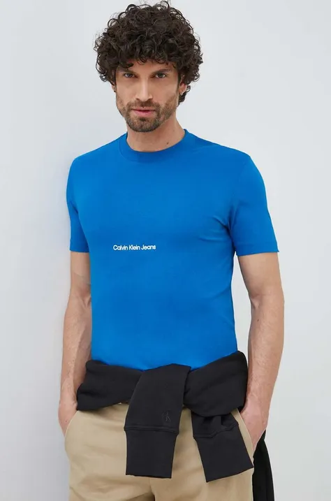 Calvin Klein Jeans t-shirt bawełniany kolor niebieski z aplikacją