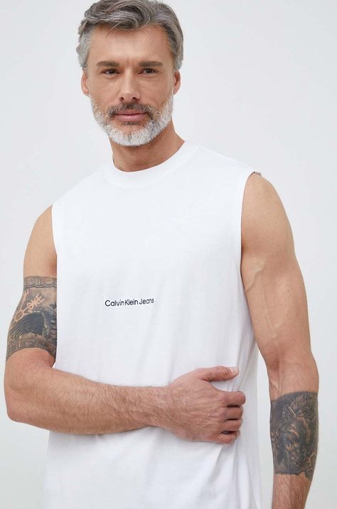 Памучна тениска Calvin Klein Jeans в бяло