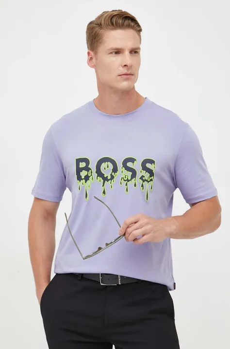 Bavlnené tričko BOSS BOSS ORANGE fialová farba, s potlačou