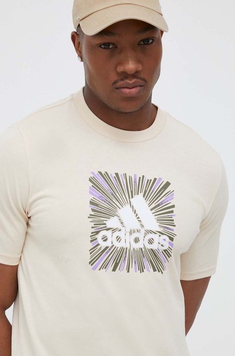 Tričko adidas pánske, béžová farba, s potlačou