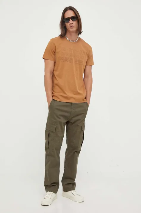Bavlnené tričko G-Star Raw hnedá farba, s potlačou