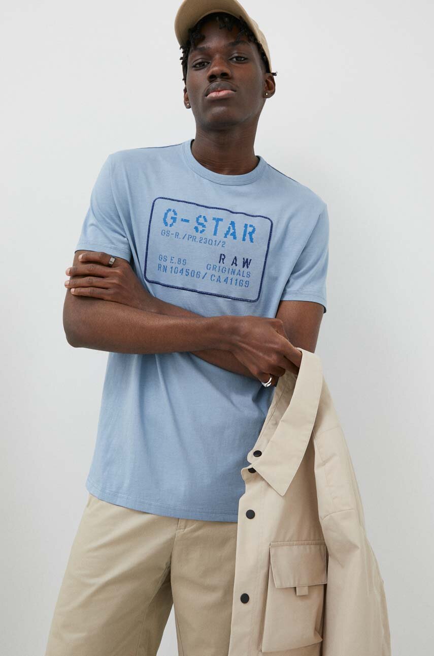 G-Star Raw t-shirt bawełniany kolor niebieski z aplikacją