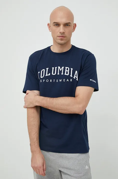 Bombažna kratka majica Columbia mornarsko modra barva