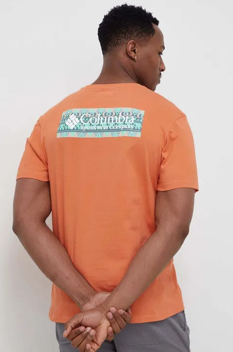 Памучна тениска Columbia в оранжево с принт
