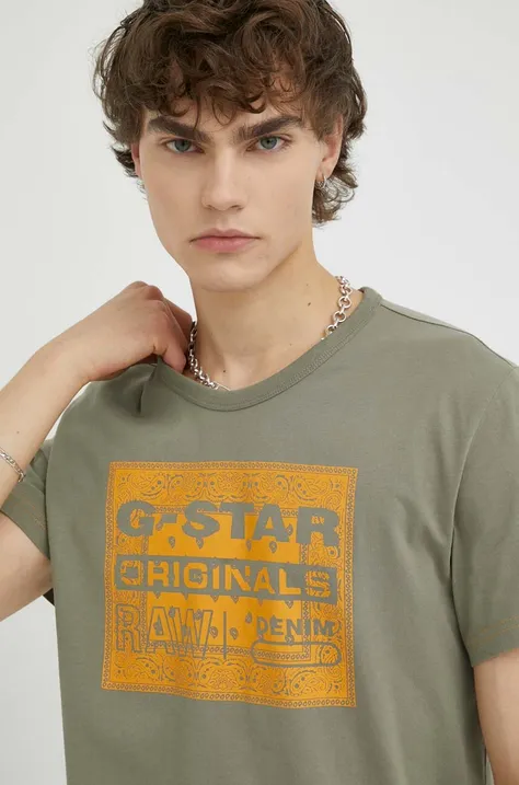 Хлопковая футболка G-Star Raw цвет зелёный с принтом