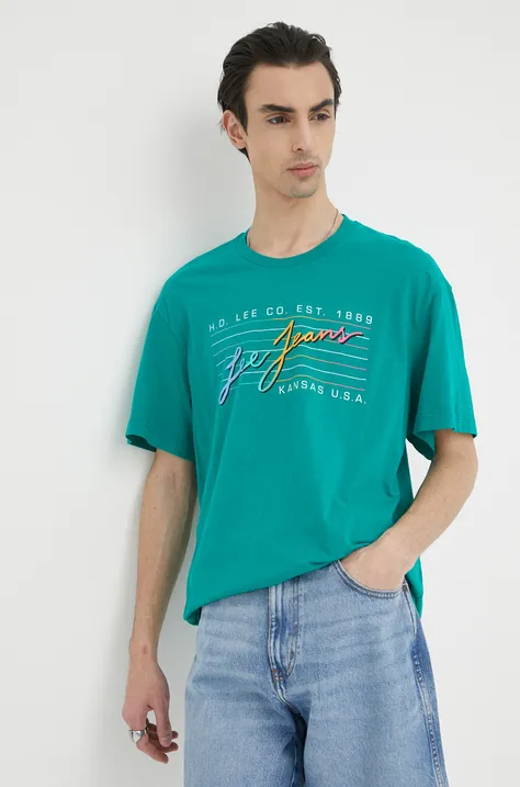 Lee t-shirt bawełniany kolor zielony z nadrukiem