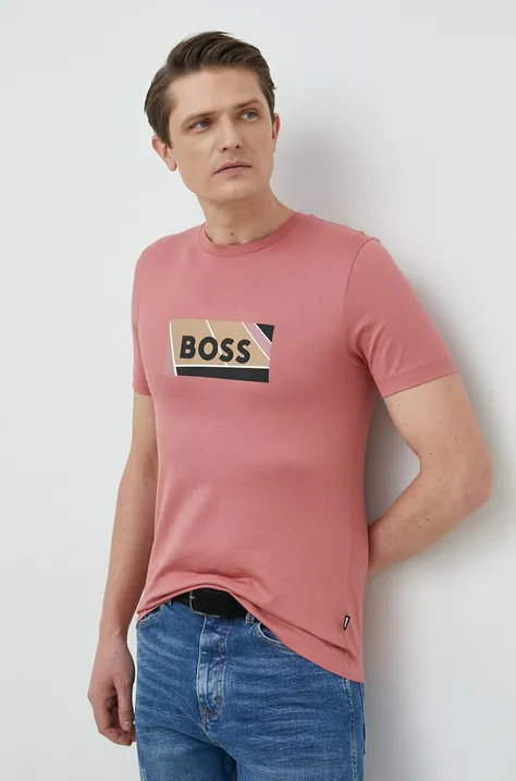 Памучна тениска BOSS в розово с принт