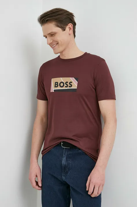 Bavlnené tričko BOSS bordová farba, s potlačou