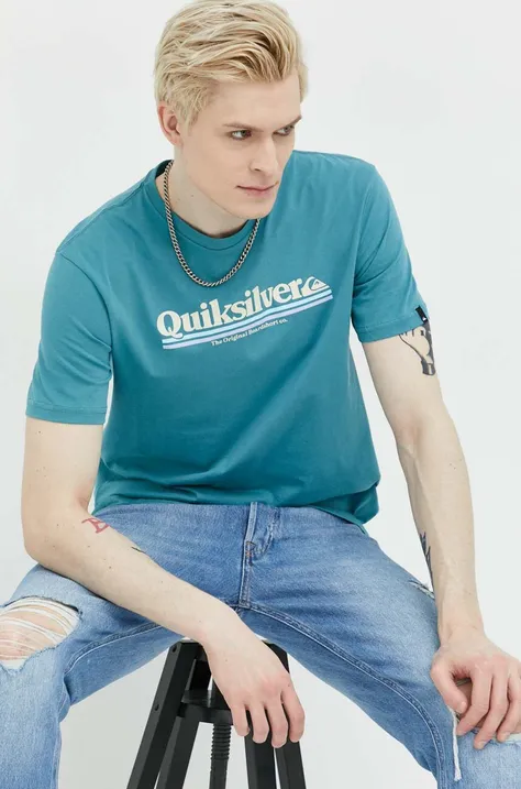 Bavlnené tričko Quiksilver tyrkysová farba, s potlačou