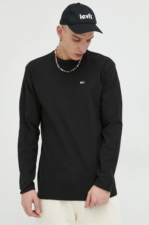 Bavlnené tričko s dlhým rukávom Tommy Jeans čierna farba, jednofarebné