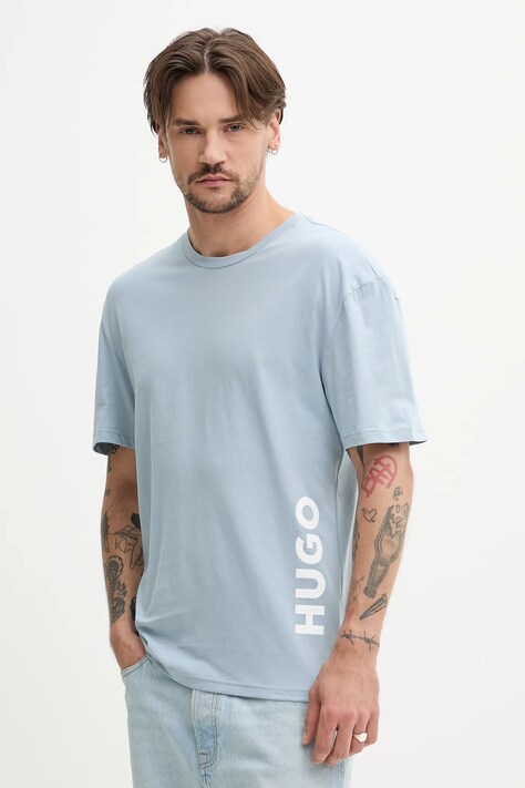 Plážové tričko HUGO modrá barva, s potiskem