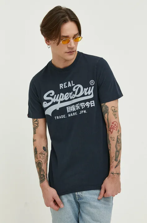 Bavlnené tričko Superdry tmavomodrá farba, s potlačou