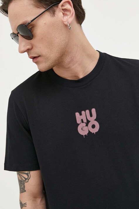 HUGO tricou din bumbac culoarea negru, cu imprimeu