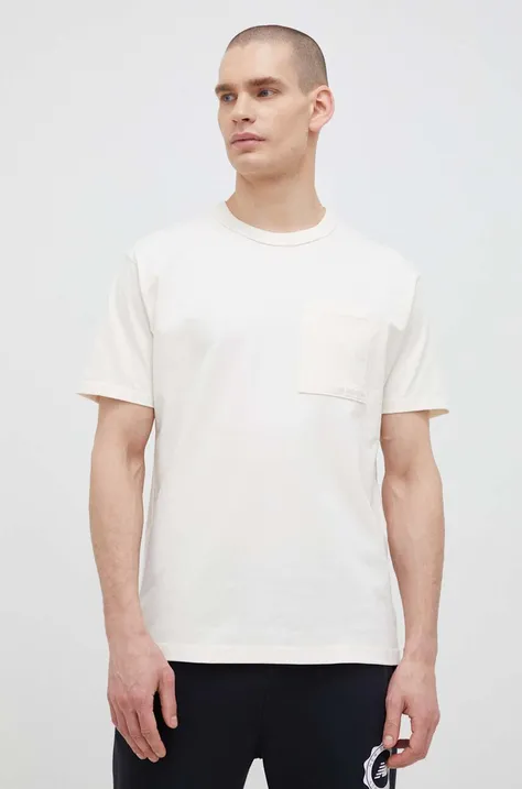 Bombažna kratka majica New Balance bež barva