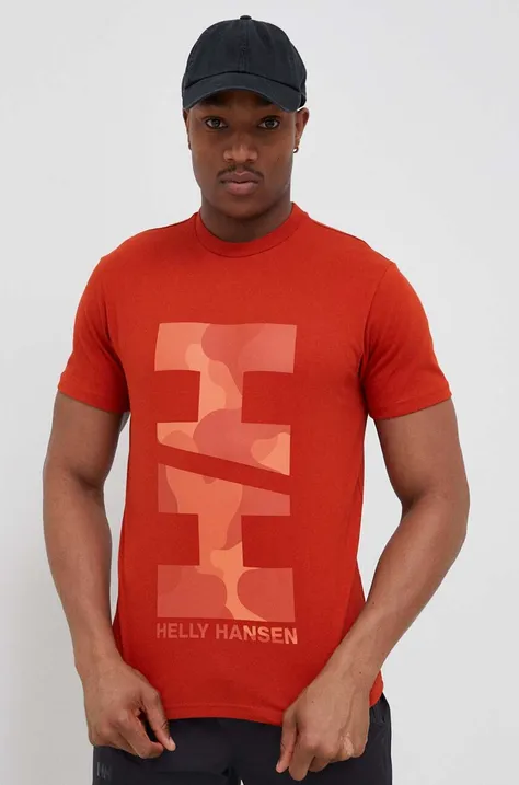Helly Hansen t-shirt bawełniany kolor pomarańczowy z nadrukiem