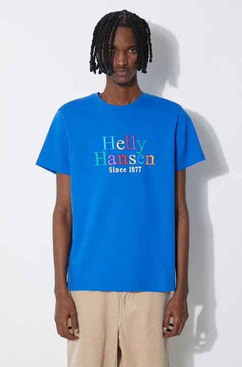 Памучна тениска Helly Hansen в синьо с десен