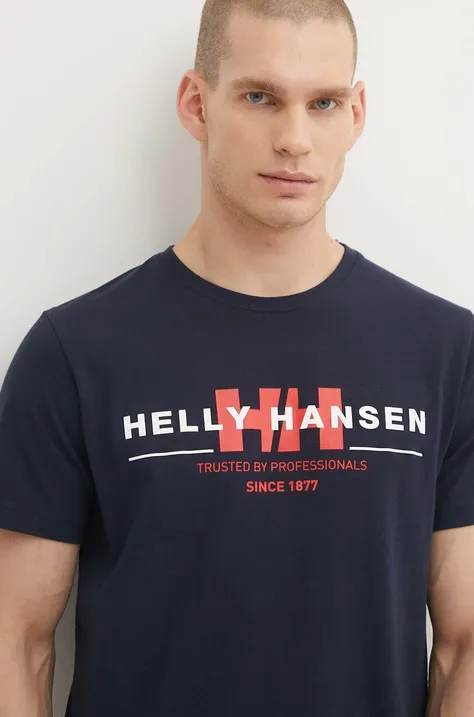 Памучна тениска Helly Hansen в тъмносиньо с десен