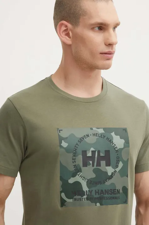 Хлопковая футболка Helly Hansen цвет зелёный узорный