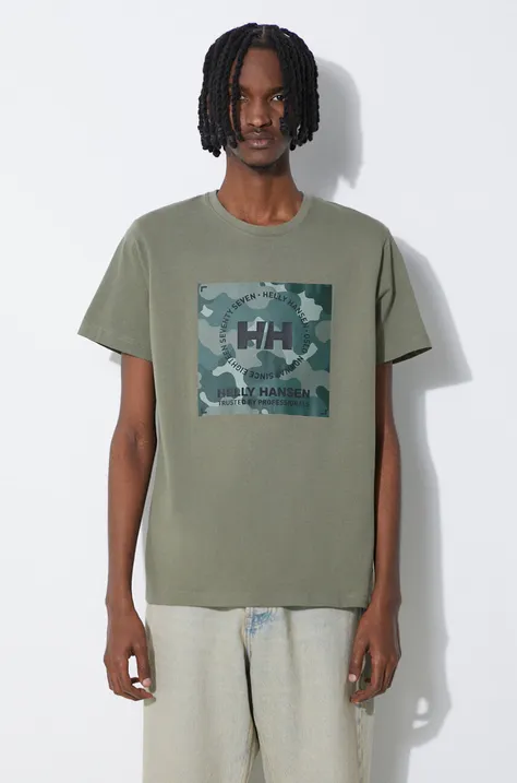 Bavlnené tričko Helly Hansen zelená farba, vzorovaný