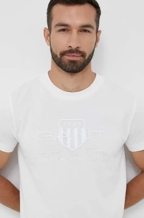 Хлопковая футболка Gant мужской цвет белый с аппликацией