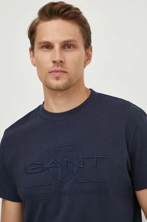 Pamučna majica Gant za muškarce, boja: tamno plava, s aplikacijom