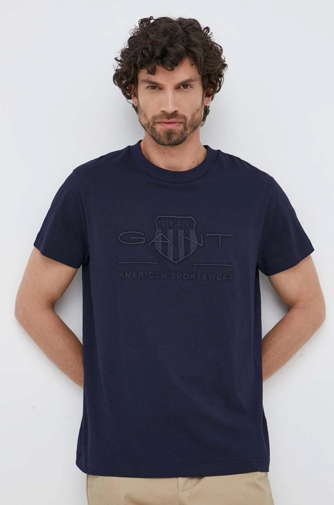 Gant tricou din bumbac barbati, culoarea albastru marin, cu imprimeu