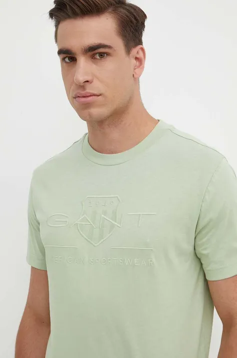 Хлопковая футболка Gant мужской цвет зелёный с аппликацией
