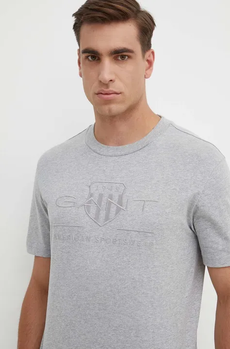 Pamučna majica Gant za muškarce, boja: siva, s aplikacijom