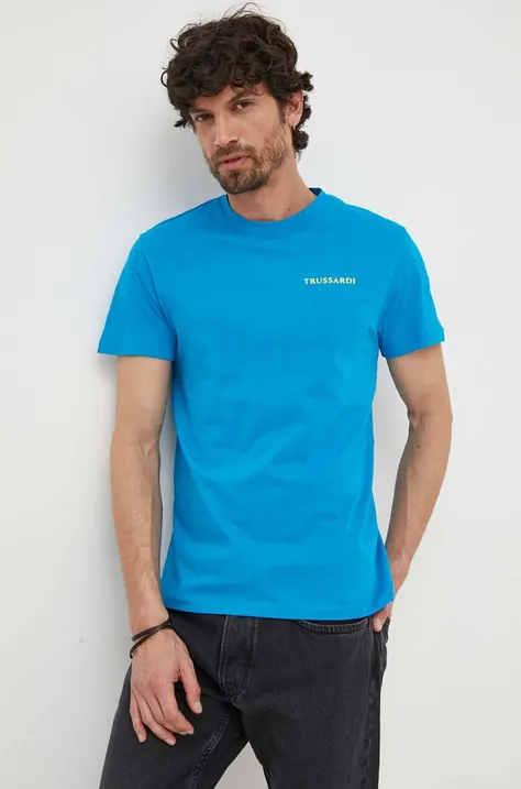 Памучна тениска Trussardi в синьо с принт