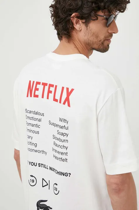 Lacoste t-shirt bawełniany x Netflix kolor biały wzorzysty TH7343-70V