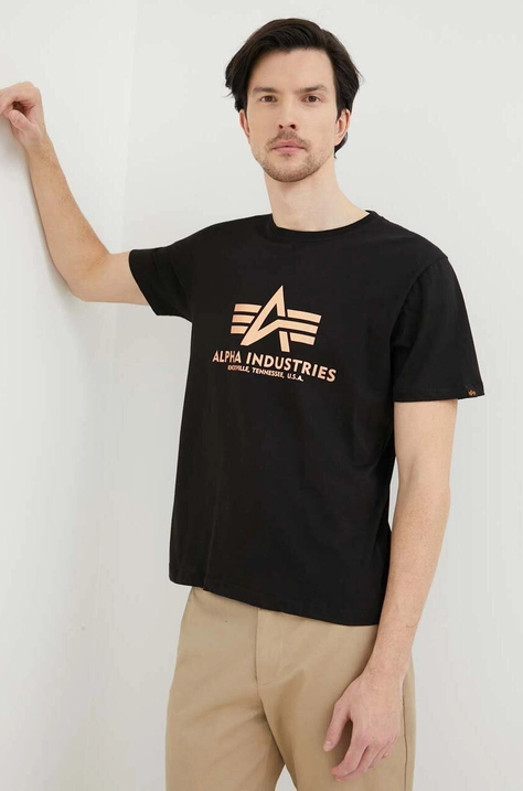 Alpha Industries tricou din bumbac Basic T-Shirt Foil Print culoarea negru, cu imprimeu 100501FP.365-BlackGold