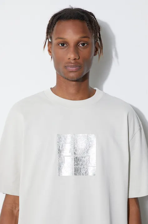 Bavlnené tričko A-COLD-WALL* Foil Grid SS T-Shirt ACWMTS110-BONE, šedá farba, s potlačou
