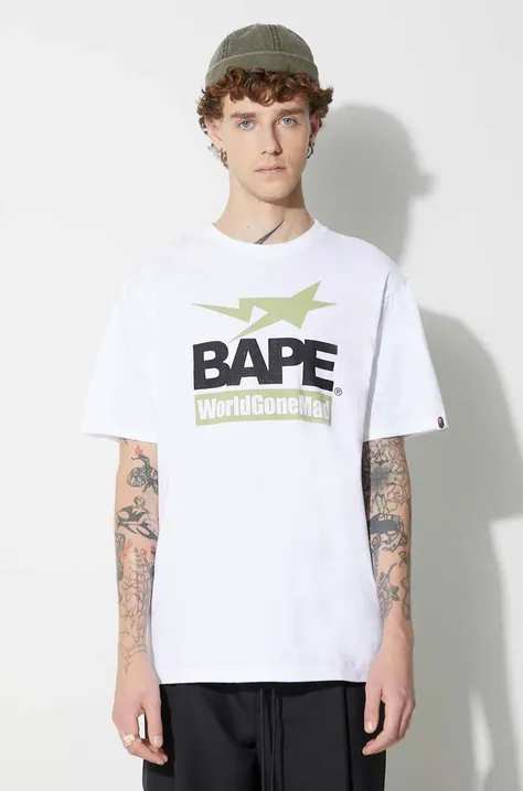 A Bathing Ape tricou din bumbac culoarea alb, cu imprimeu 001TEI701007F
