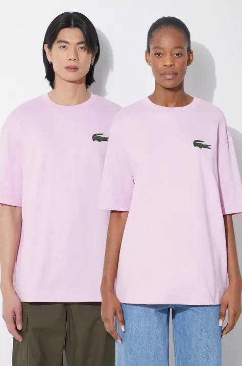 Bavlněné tričko Lacoste růžová barva, s aplikací