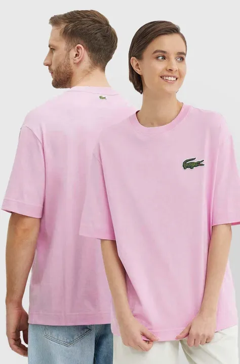 Bavlnené tričko Lacoste ružová farba, s nášivkou
