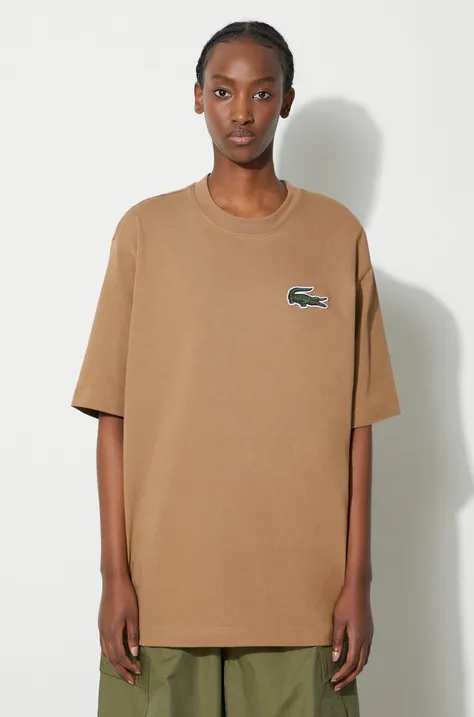 Bavlnené tričko Lacoste hnedá farba, s nášivkou