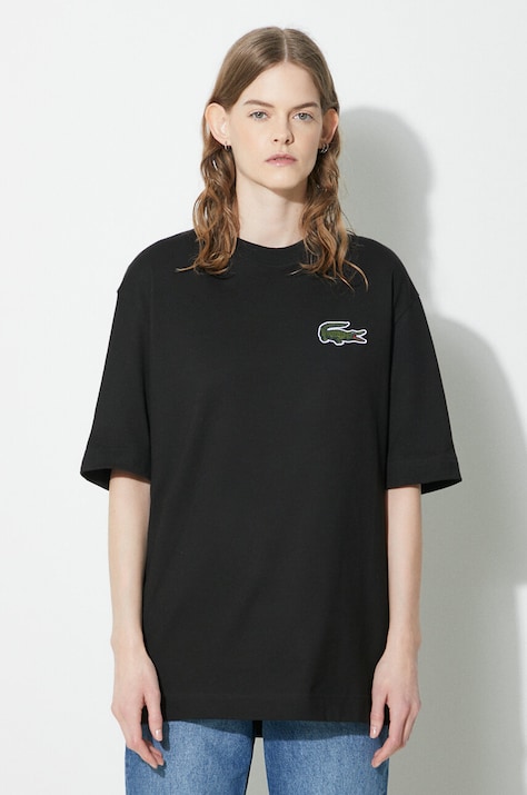 Памучна тениска Lacoste в черно с апликация