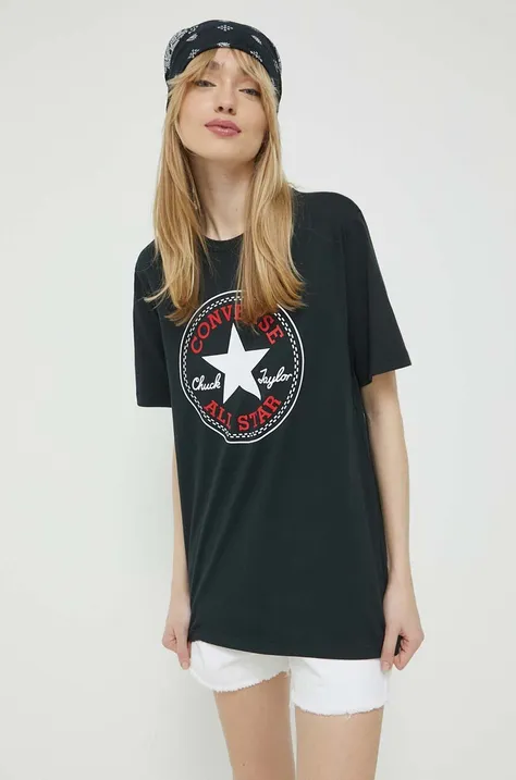 Памучна тениска Converse в черно с принт