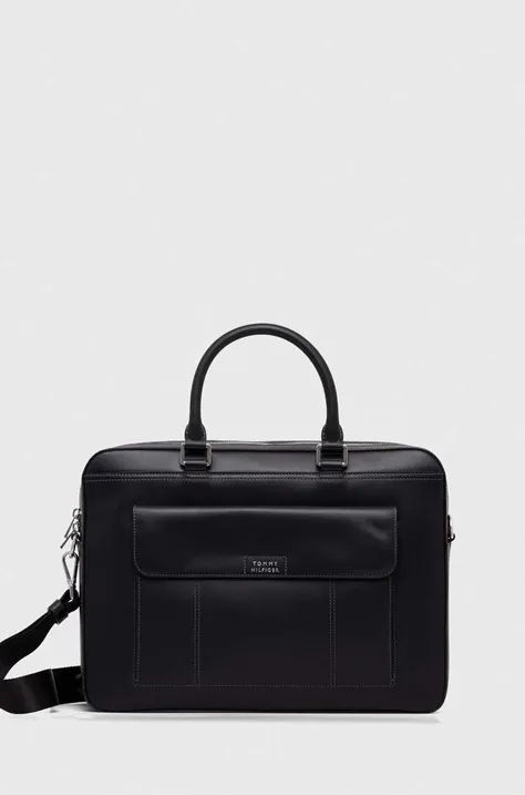 Δερμάτινη τσάντα φορητού υπολογιστή Tommy Hilfiger χρώμα: μαύρο