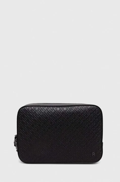Usnjena kozmetična torbica Tommy Hilfiger črna barva