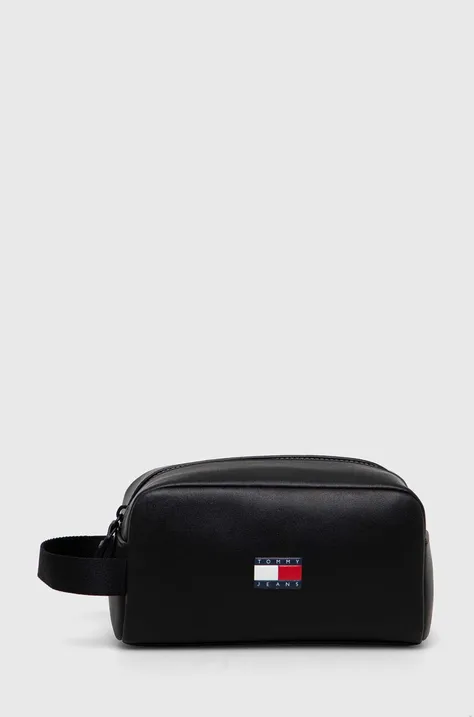 Usnjena kozmetična torbica Tommy Jeans črna barva