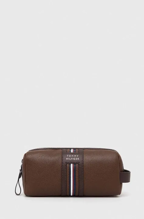 Usnjena kozmetična torbica Tommy Hilfiger rjava barva