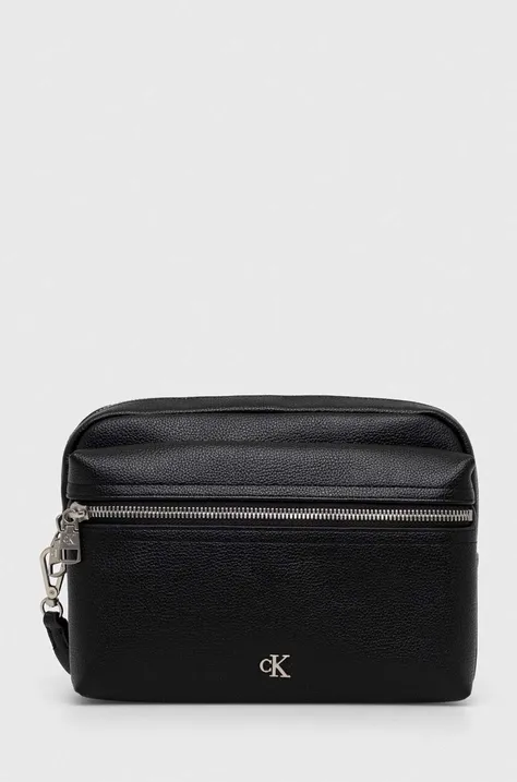Usnjena kozmetična torbica Calvin Klein Jeans črna barva