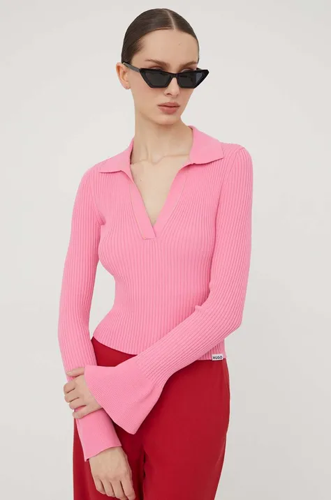 HUGO sweter damski kolor różowy lekki
