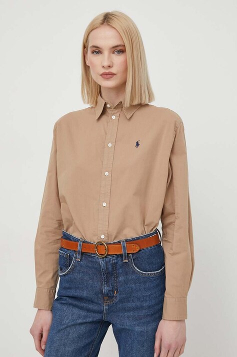 Polo Ralph Lauren cămașă din bumbac femei, culoarea bej, cu guler clasic, relaxed 211945653