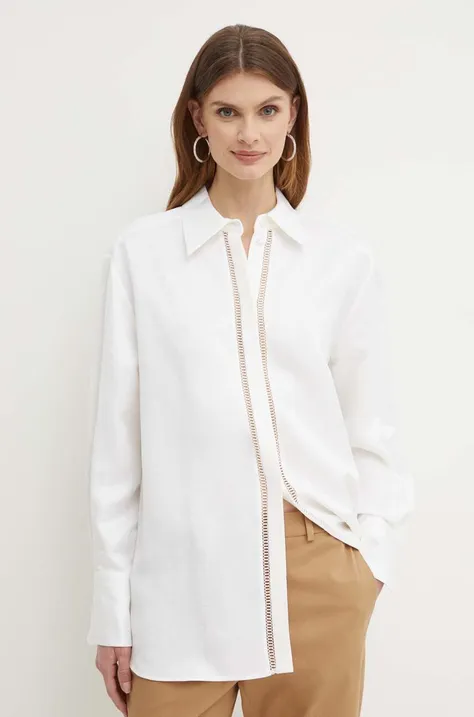 Košulja s dodatkom lana BOSS boja: bijela, relaxed, s klasičnim ovratnikom