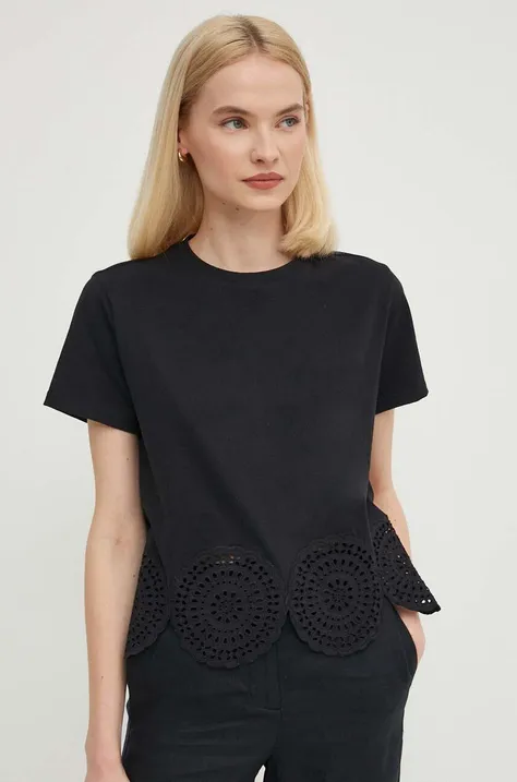Pamučna majica Sisley za žene, boja: crna